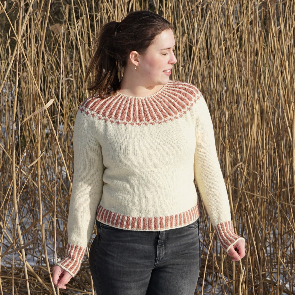 A top-down sweater with a beautiful corrugated rib yoke design.