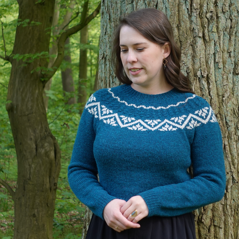 A circular yoke sweater with colorwork and textured details.